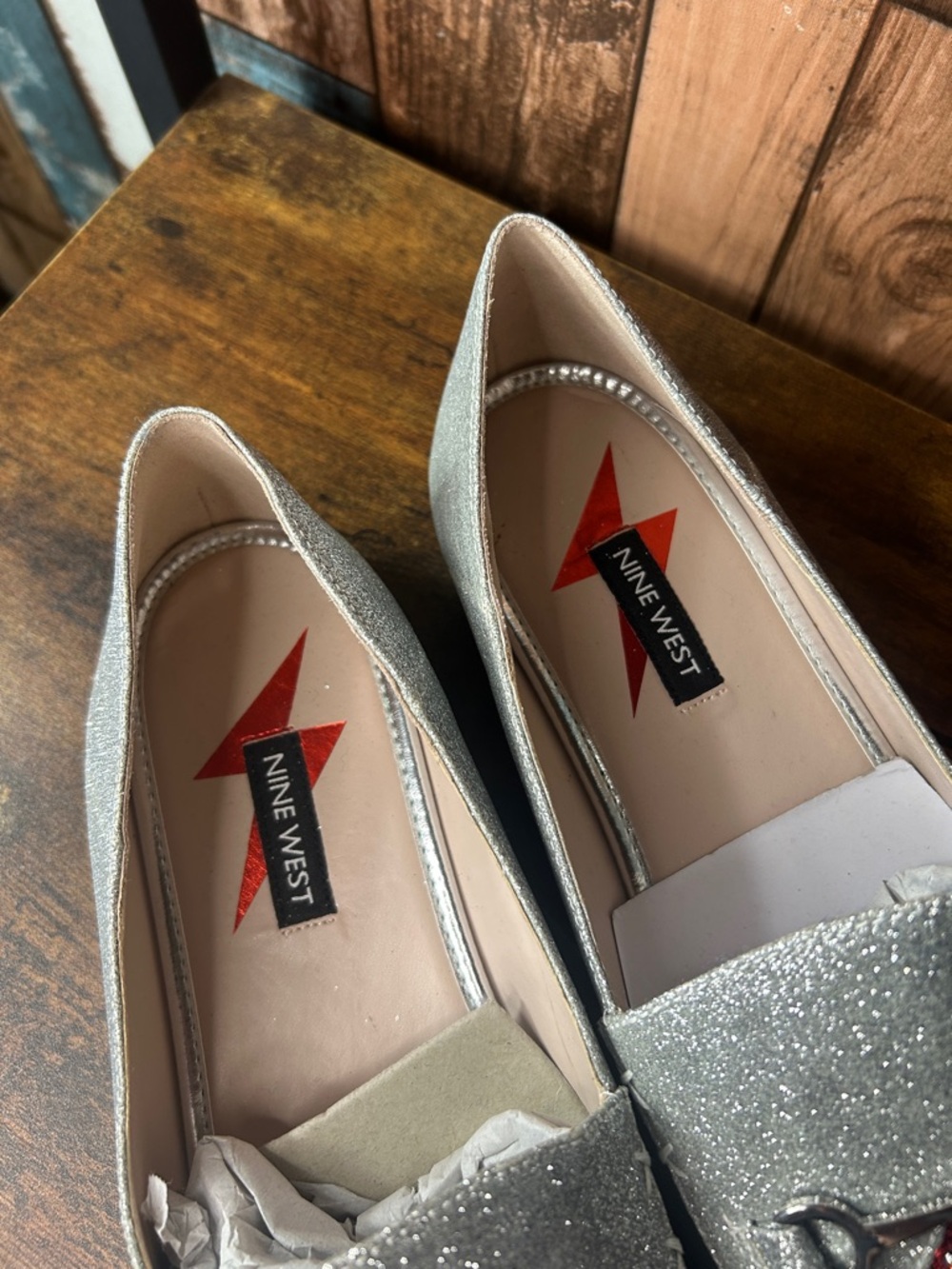 Nine West Silver Glitter Slip-On Loafers with Red Lightning Detail - Picture 2 of 16